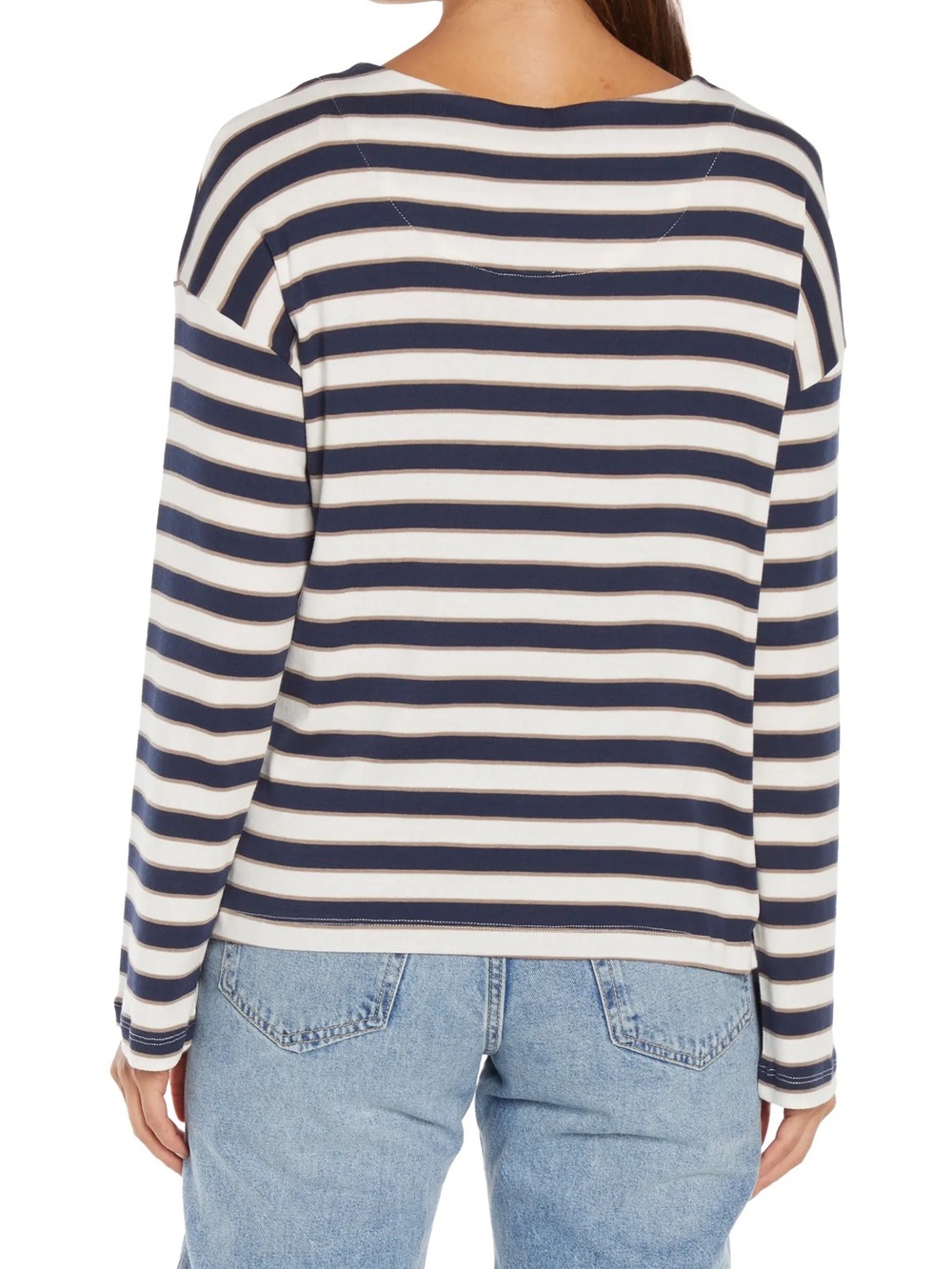 Three Dots Rumi Long Sleeve Tee Brown White Striped Long Sleeve NWT - Picture 2 of 8